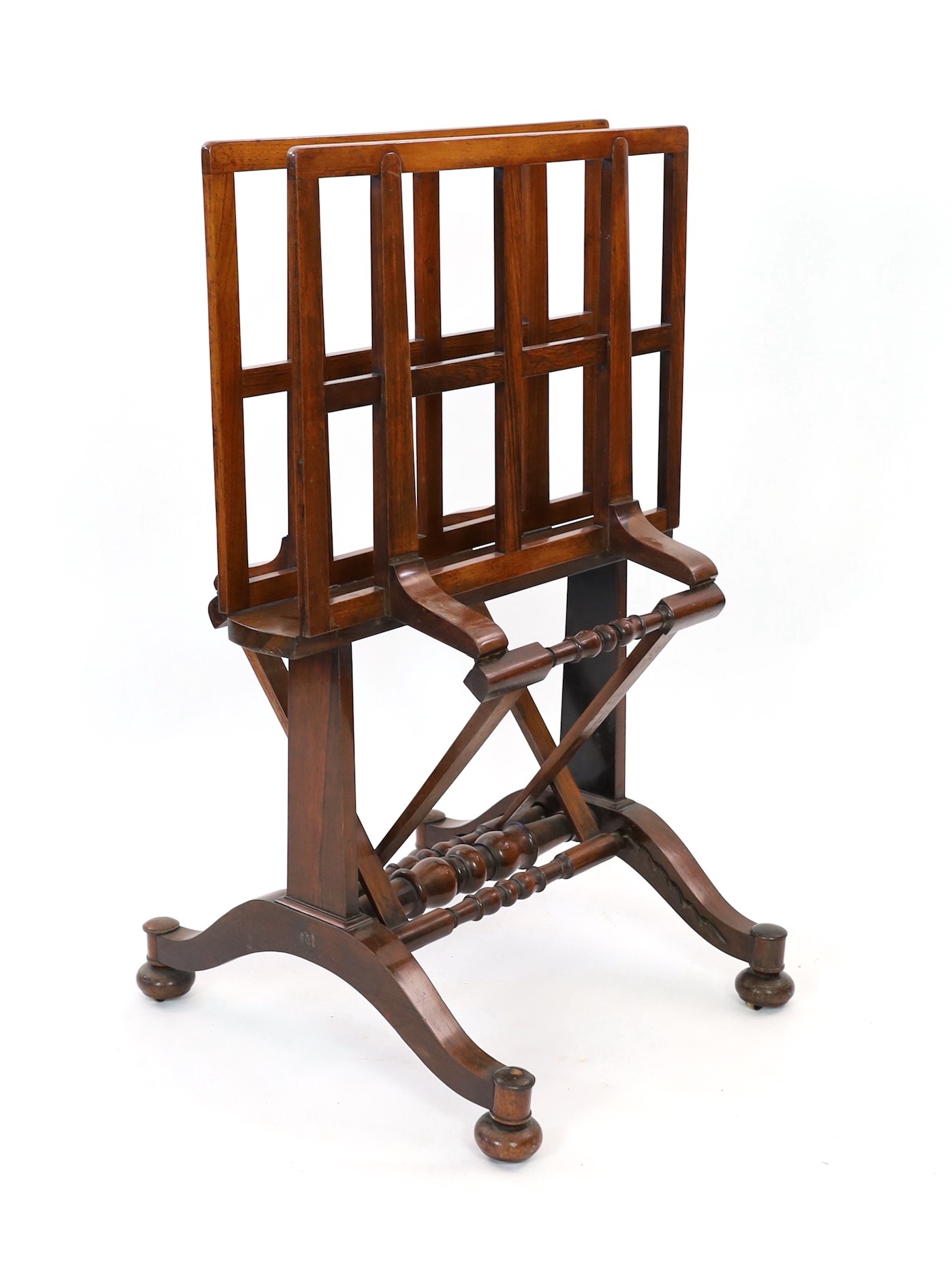 An early Victorian rosewood folio stand, width 72cm height 112cm